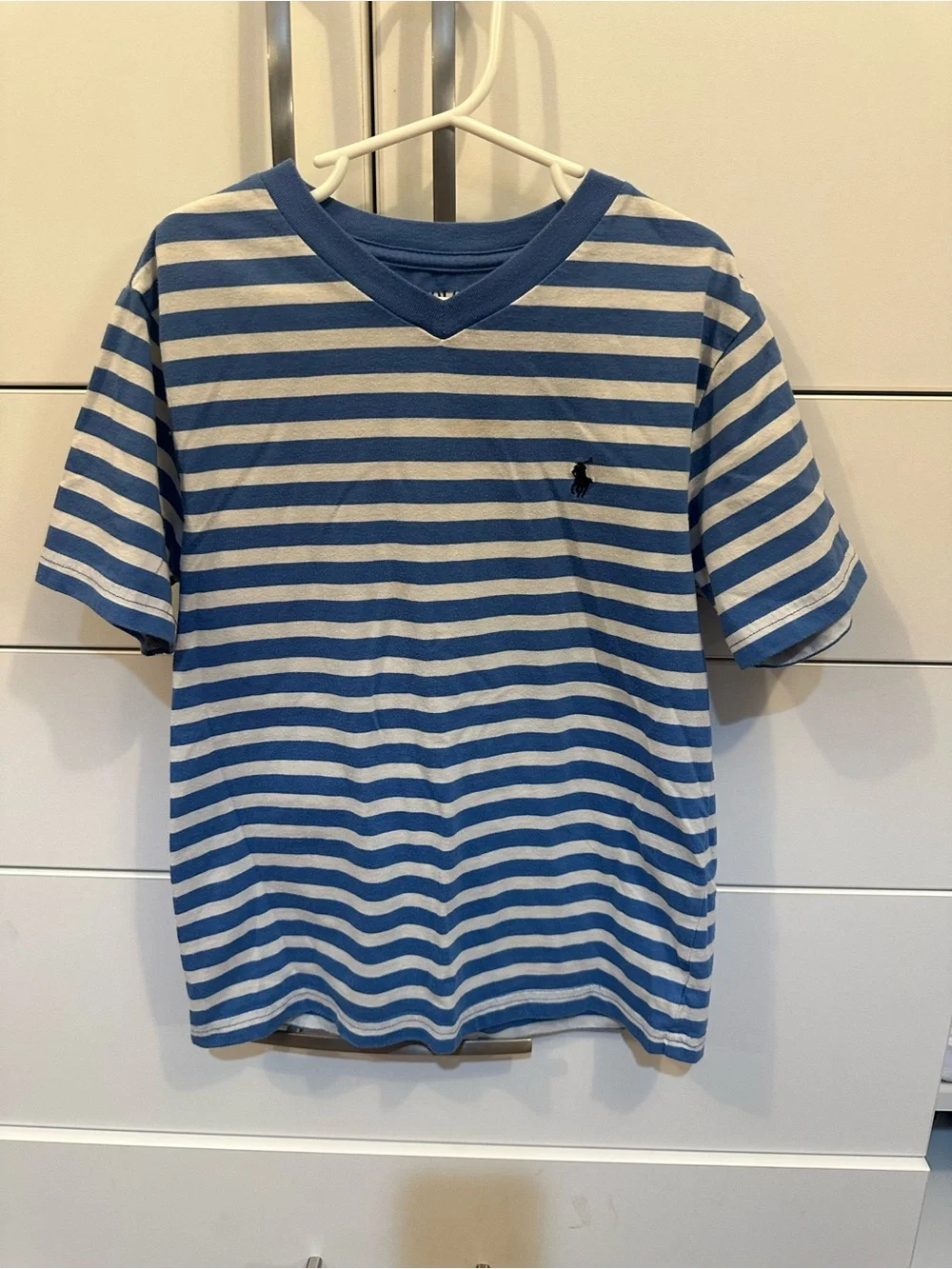 Polo by Ralph Lauren Blue and White Striped V-Neck Tee